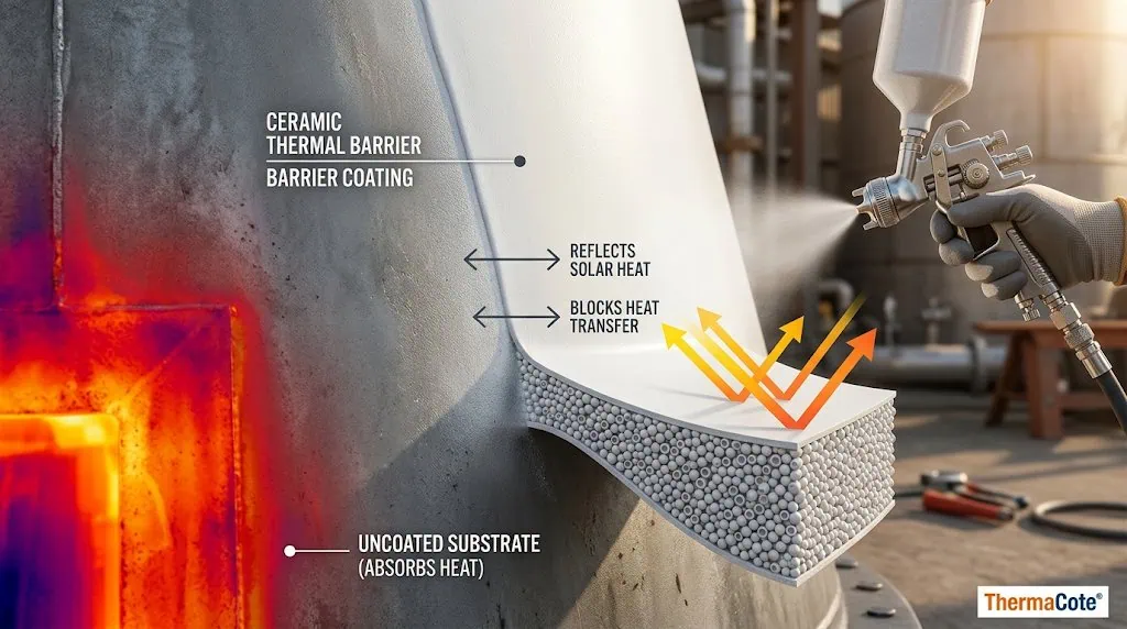 A close-up photograph showing a smooth, white ceramic thermal barrier coating being applied by spray to a section of industrial metal, with illustrative arrows and labels explaining how it works. On the coated side, a graphic illustrates heat rays being reflected away and heat transfer blocked, contrasting with an uncoated section that absorbs heat, clearly demonstrating the coating's protective function.